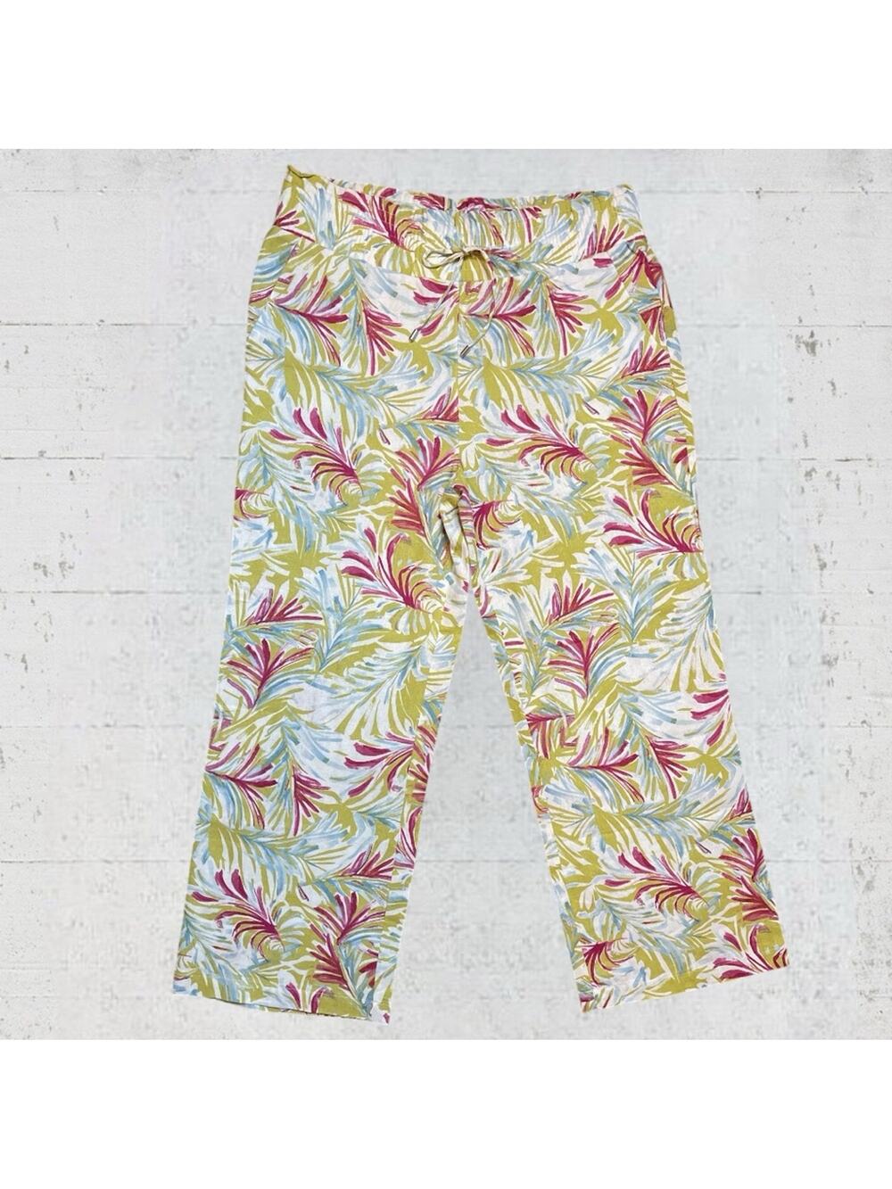 Land N Sea Pants Women’s Linen Blend Floral Tropical Wide Leg Hawaiian Size L